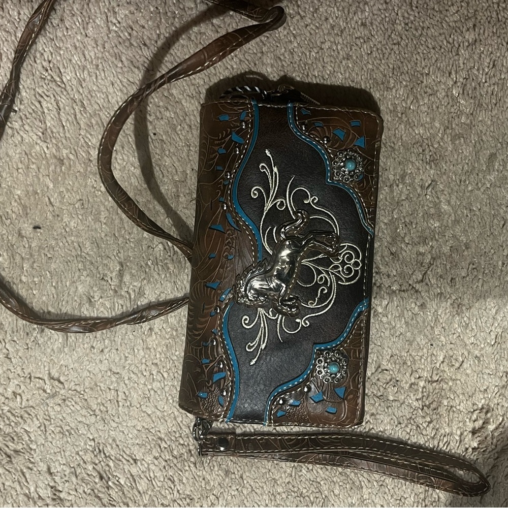 Brown and Blue Embellished Clutch